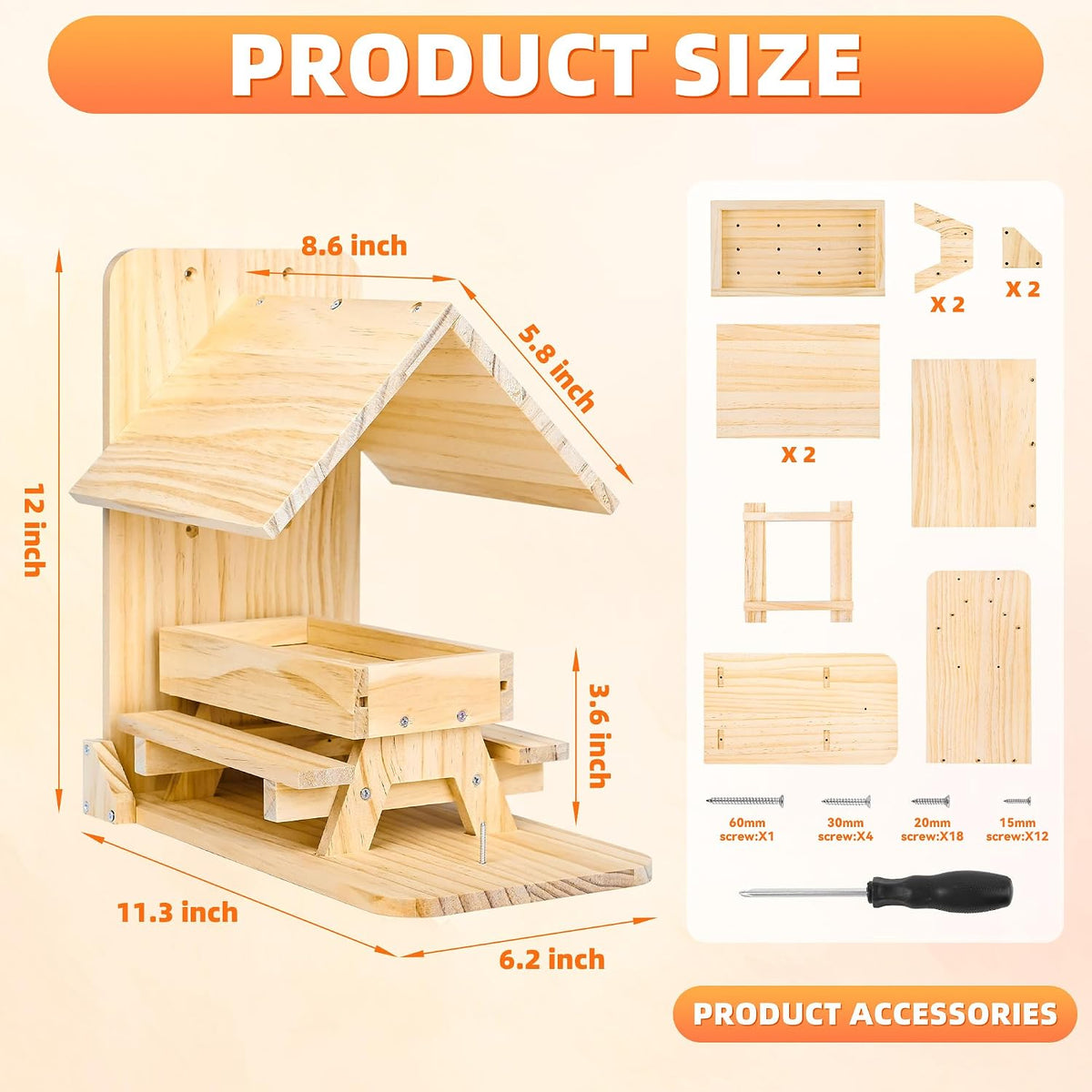 Squirrel Feeder for Outside - Wooden Picnic Table, Weatherproof Roof