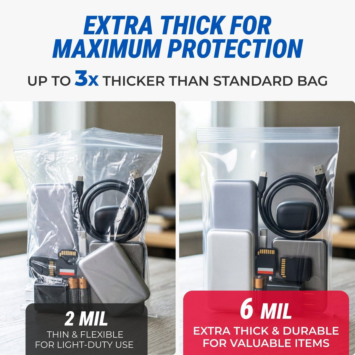 12" x 12" Medium Reclosable Plastic Zip Bags, 5 Count
