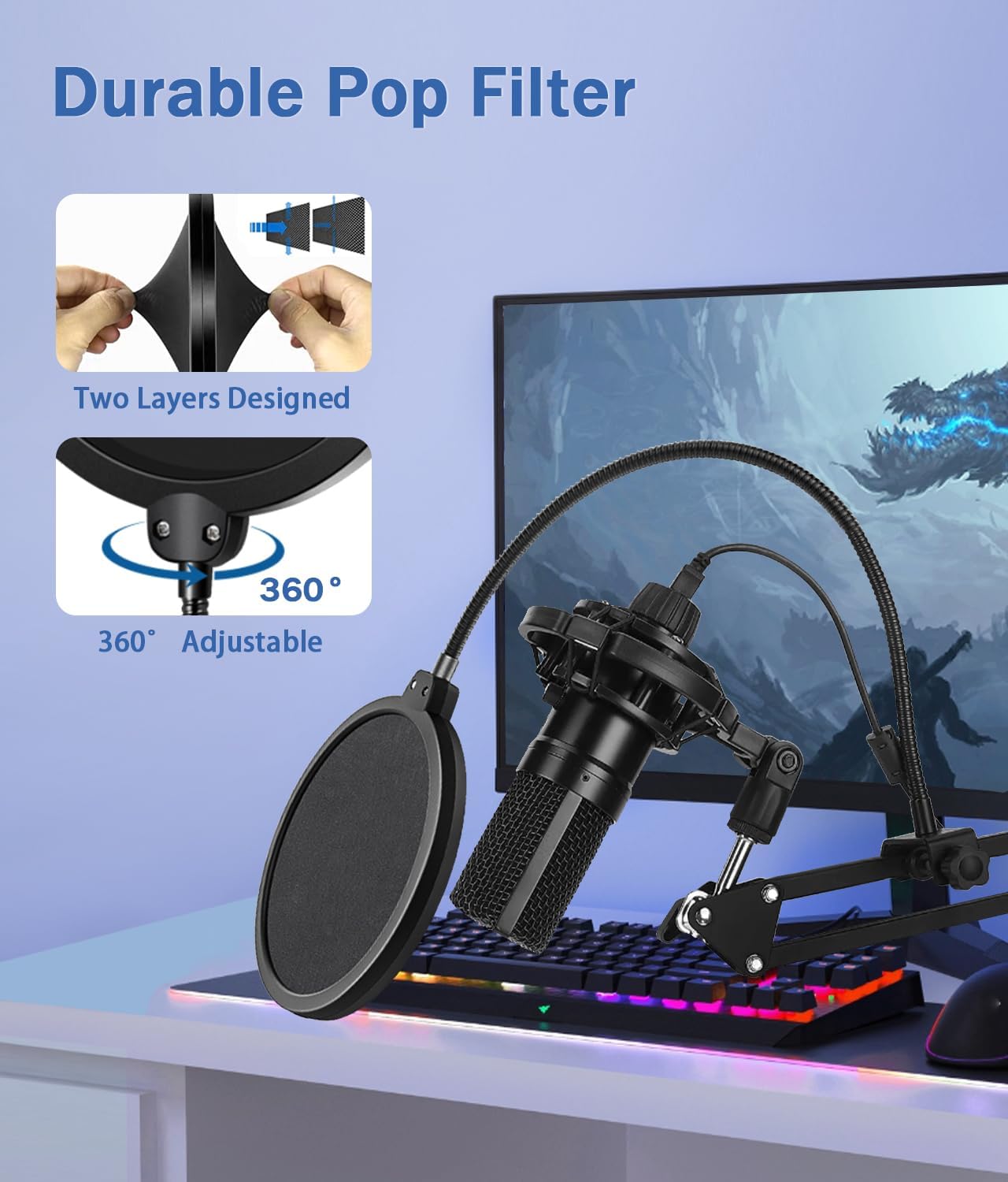 Versatile Boom Arm Stand for Desk, Adjustable Microphone Stand Kit | With Pop Filter, Shock Mount, Microphone Clip