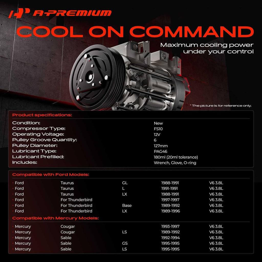 A-Premium AC Compressor with Clutch Compatible with Ford & Mercury
