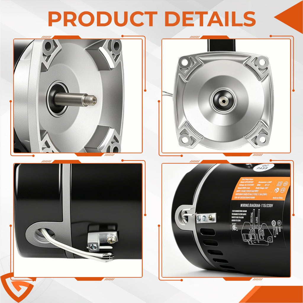 B2855 2HP Pool Pump Motor Replaces AO/Century Smith Regal Beloit B855 Swimming Pool Pump Motors,10A, 230V,3450RPM 1.5KW 56Y Frame 1.1 SF Single Phase Square Flange, Includes Replace Parts