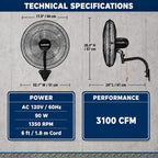 18 Inch Wall Mounted Hanging Fan Oscillating, Wall Mount Fan Oscillating