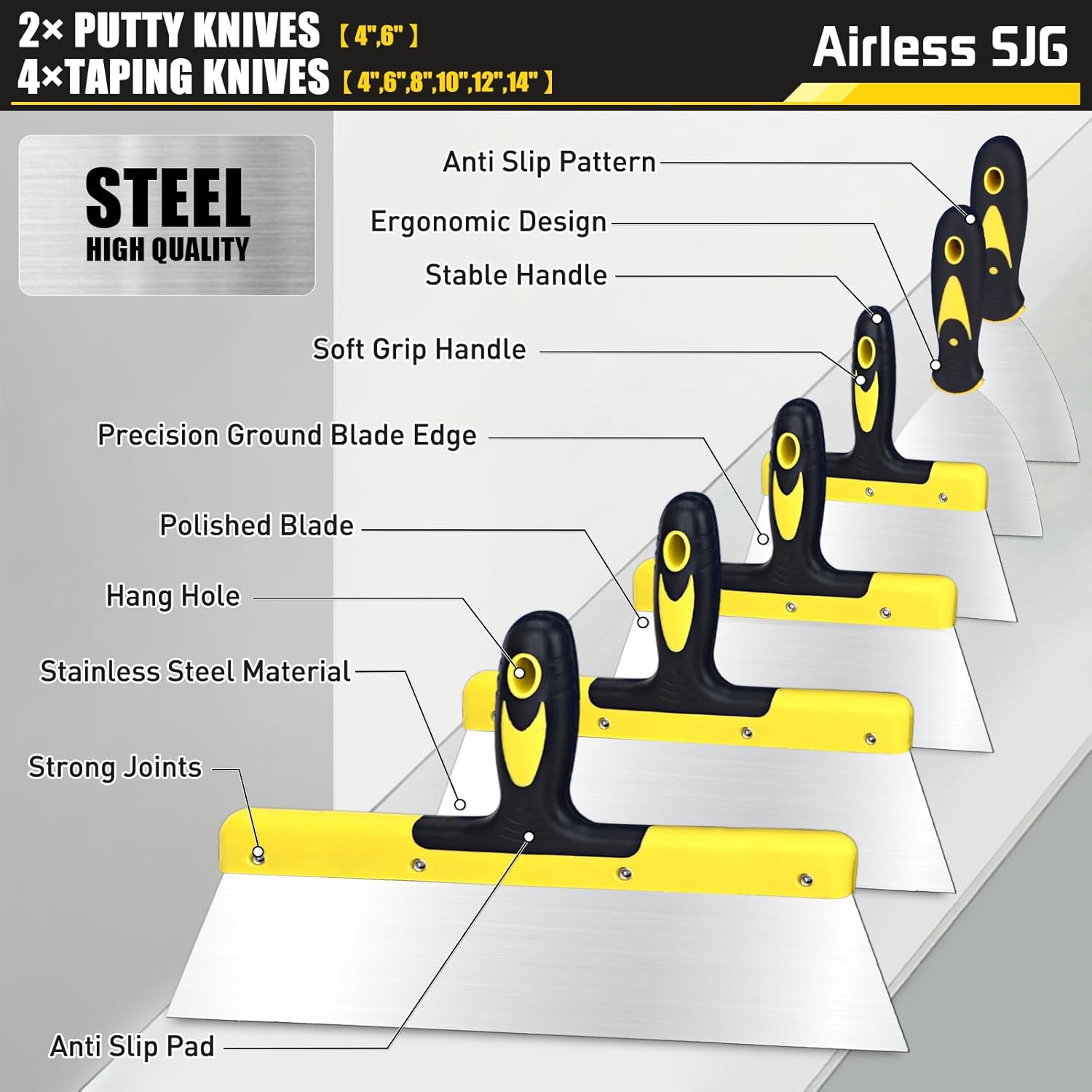15-Piece Professional Drywall Tool Kit - 14PCS Stainless Steel Drywall Knife Set with 12" Aluminum Hawk, 14" Mud Pan