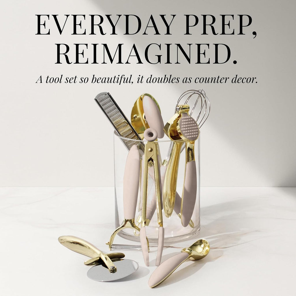 Gold and Beige Kitchen Utensils Set – 8 PC Cooking Gadgets with Mini Gold Whisk and Tongs, Pizza Cutter, Garlic
