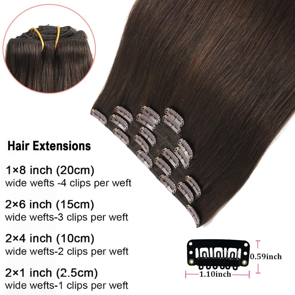 Clip In Hair Extensions Real Remy Human Hair Very Dark Brown 18 Inch | Clip Ins for Women,120g,7 Pcs,16 Clips,Darkest