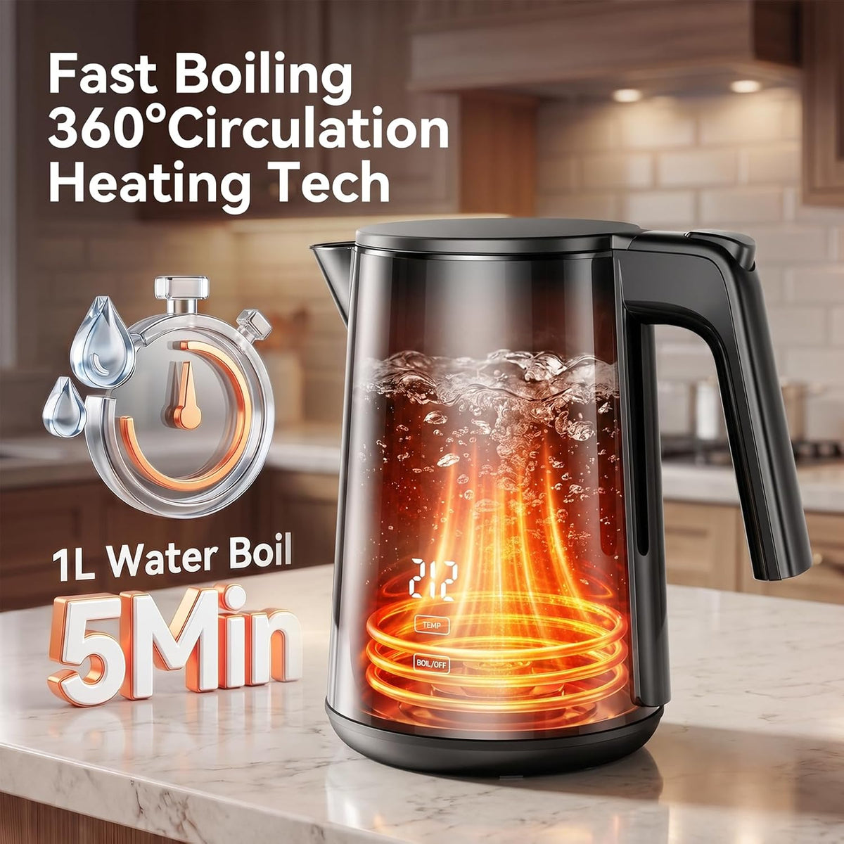 Electric Kettle 1.0L, 1200W Fast Boiling, 7 Temp Settings & 4H Keep Warm | Stainless Steel Inner, BPA-Free, Auto