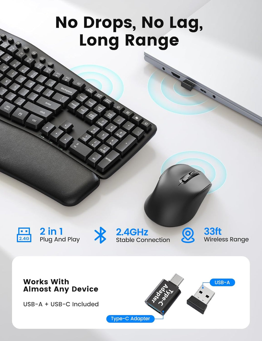 Wireless Keyboard and Mouse Combo, SABLUTE MA41 30dB Quiet Ergonomic Wave Keyboard Set with Soft Leather Palm Rest