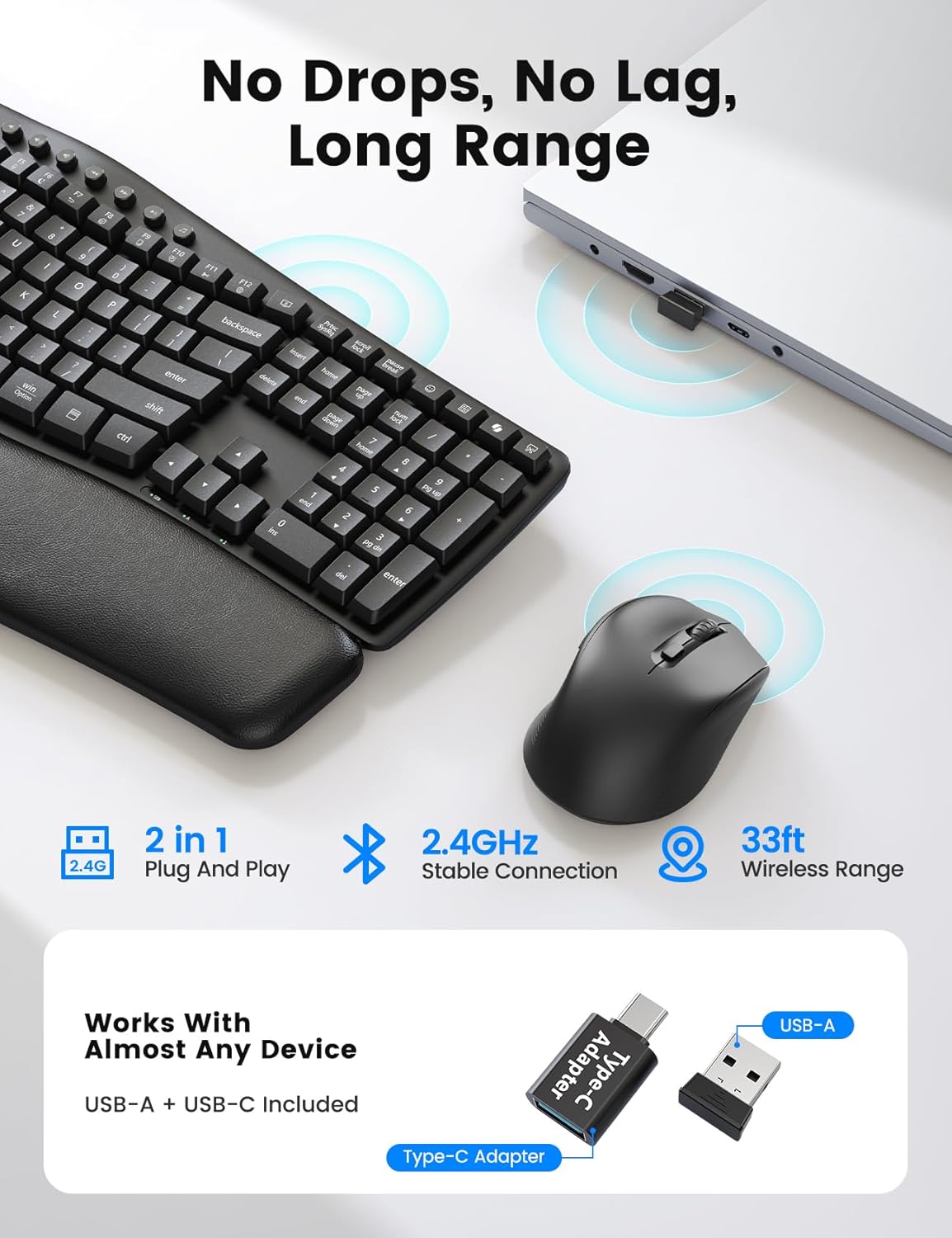 Wireless Keyboard and Mouse Combo, SABLUTE MA41 30dB Quiet Ergonomic Wave Keyboard Set with Soft Leather Palm Rest