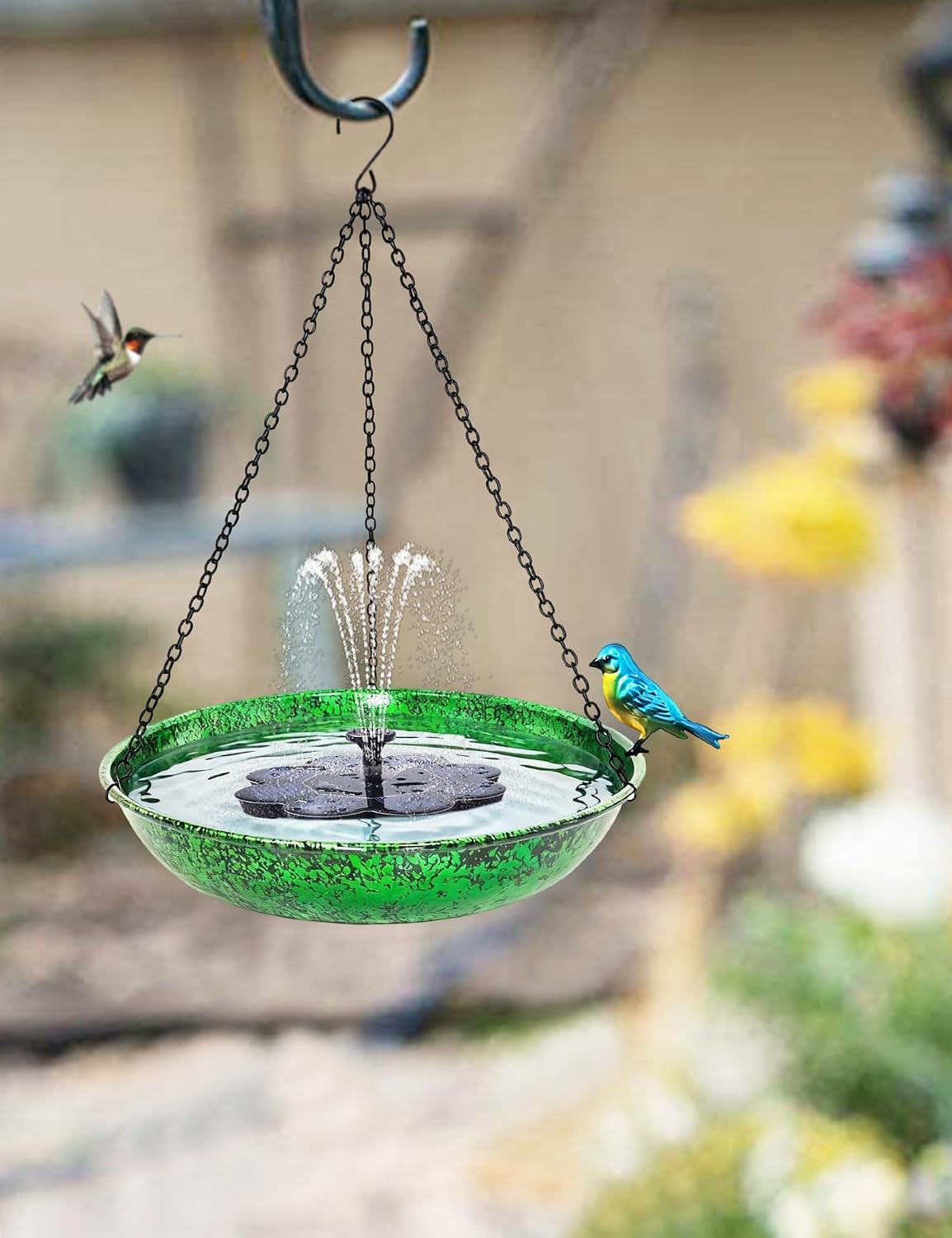 Hanging Bird Bath for Outside, 11" Green/Blue Metal Birdbath & Feeder Bowl