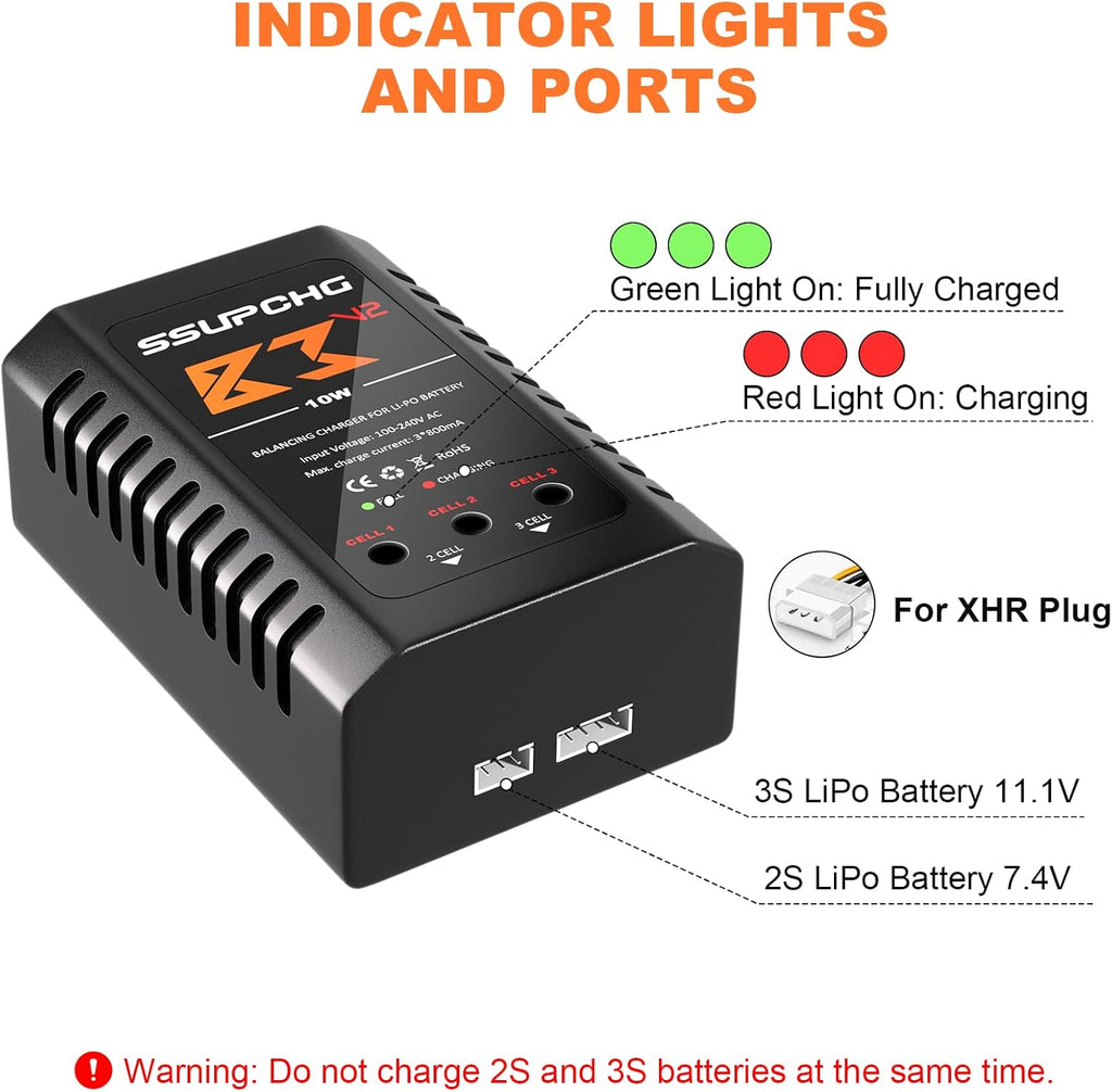 LiPo Battery Charger, Balance Charger for 2S 3S XHR Plug Battery | Smart Chip for safe balanced charging Designed for