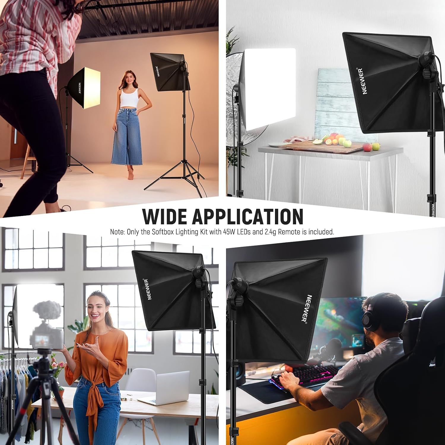 2Pcs 24"x24" 900W Equivalent Softbox Lighting Kit with Tripod Stands, 45W Bi Color 2.4G LED Bulbs, Remote, 10