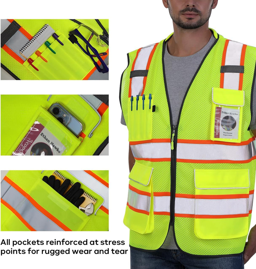 Hi Vis Reflective Safety Vest for Men Women Yellow Mesh/Orange XL | High Visibility Construction Work Vest with
