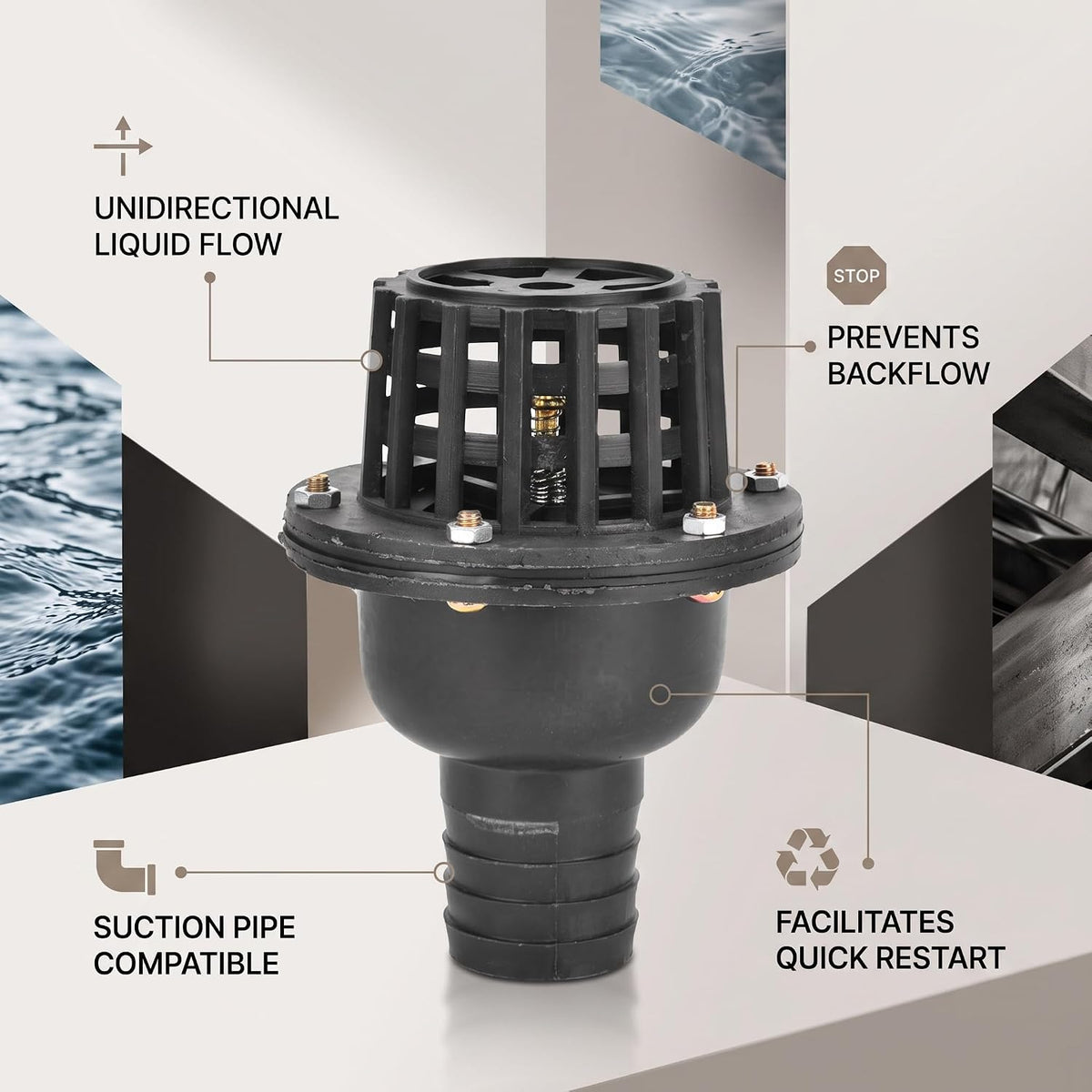 Pump Foot Check Valve, Durable Backflow Prevention with Large Capacity Mesh Strainer for Agricultural Irrigation Industrial Use Stainless Steel Black 1.5in 1Pc