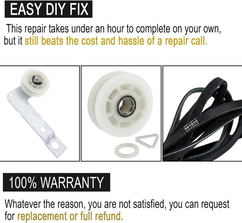 279640 & W10837240 & 661570 Dryer Idler Pulley Kit and Dryer Drum Belt – Compatible with Whirlpool May-tag Kenmore
