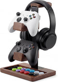 2-in-1 Solid Wood Headset Stand with Dual Game Controller Holder | Gaming Headphone Stand with Storage Base, 6