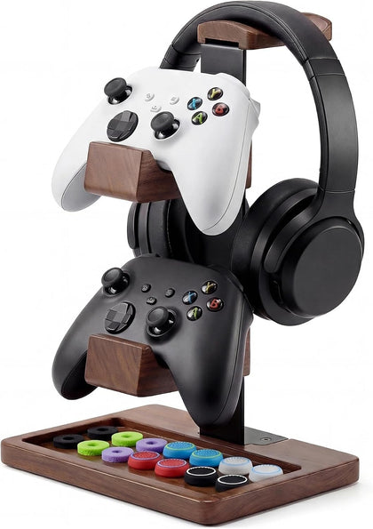 2-in-1 Solid Wood Headset Stand with Dual Game Controller Holder | Gaming Headphone Stand with Storage Base, 6