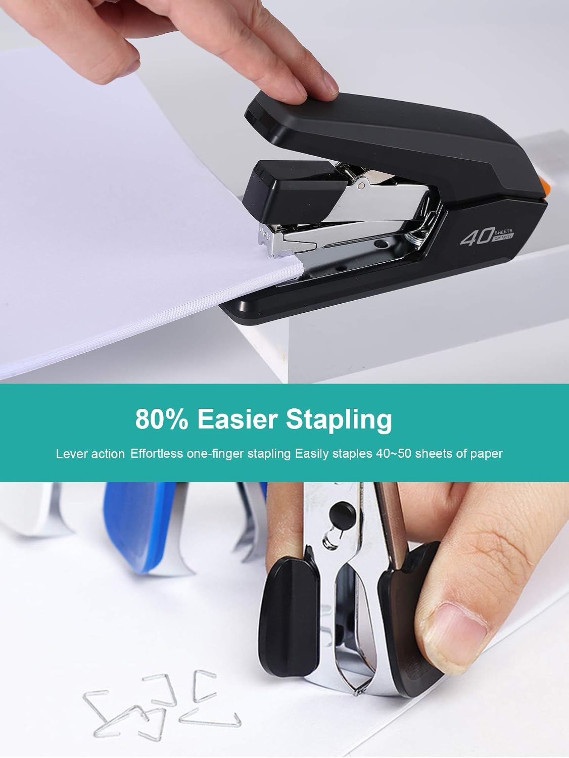 Effortless Desktop Stapler, 40 Sheet Capacity, One Finger Stapling
