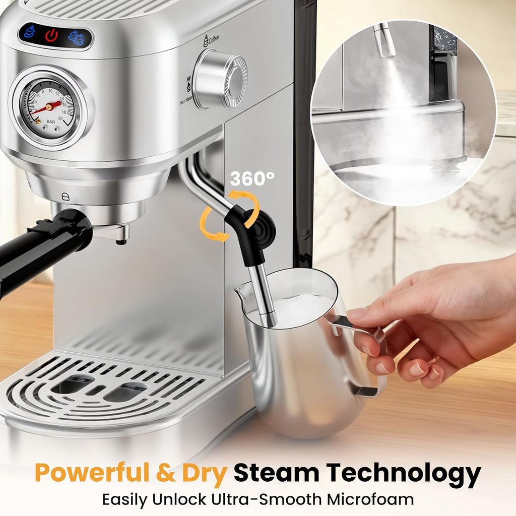Espresso Machine 20 Bar, Compact Espresso Coffee Machine with Milk Frother, Stainless Steel Coffee Maker with 34oz
