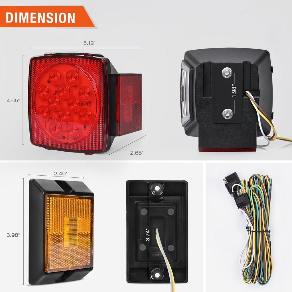 Square Submersible LED Trailer Light Kit,IP68 Waterproof 2PCS