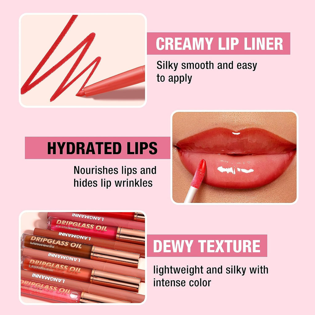 Lip Liner & Dripglass Lip Oil Makeup Set,12Pcs Nude Lip Gloss Kit