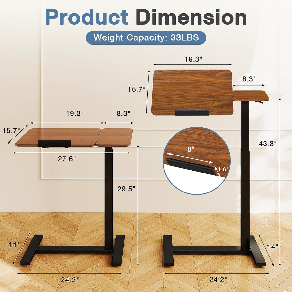 Adjustable Bedside Overbed Table with Wheels, Brown