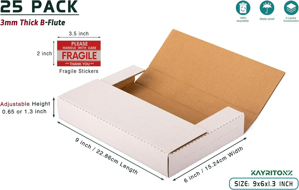 9x6x1.3 inch Cardboard Box for Shipping DVD, CD, Book, 25 Pack