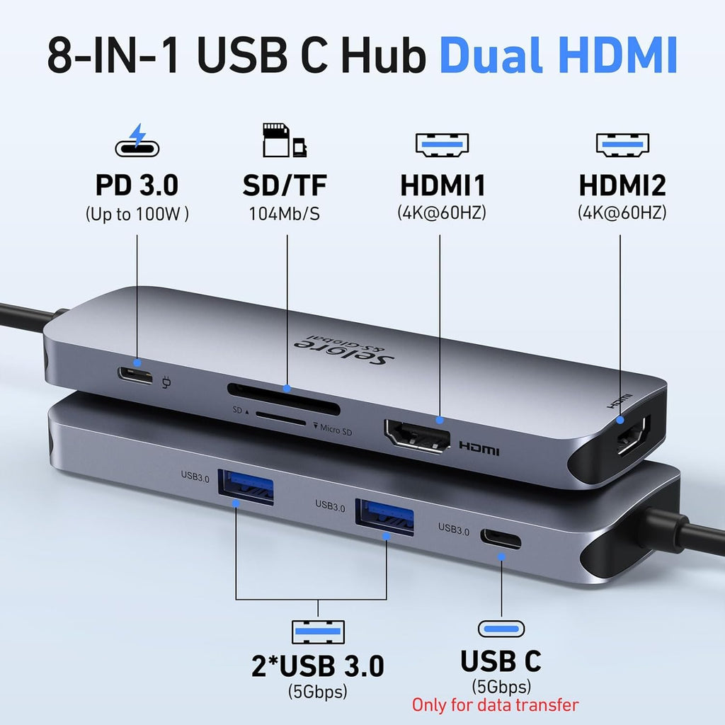 USB C Docking Station Dual HDMI Monitor, USB C to Dual HDMI Adapter with 2HDMI Ports, PD Charging, SD/microSD, USB