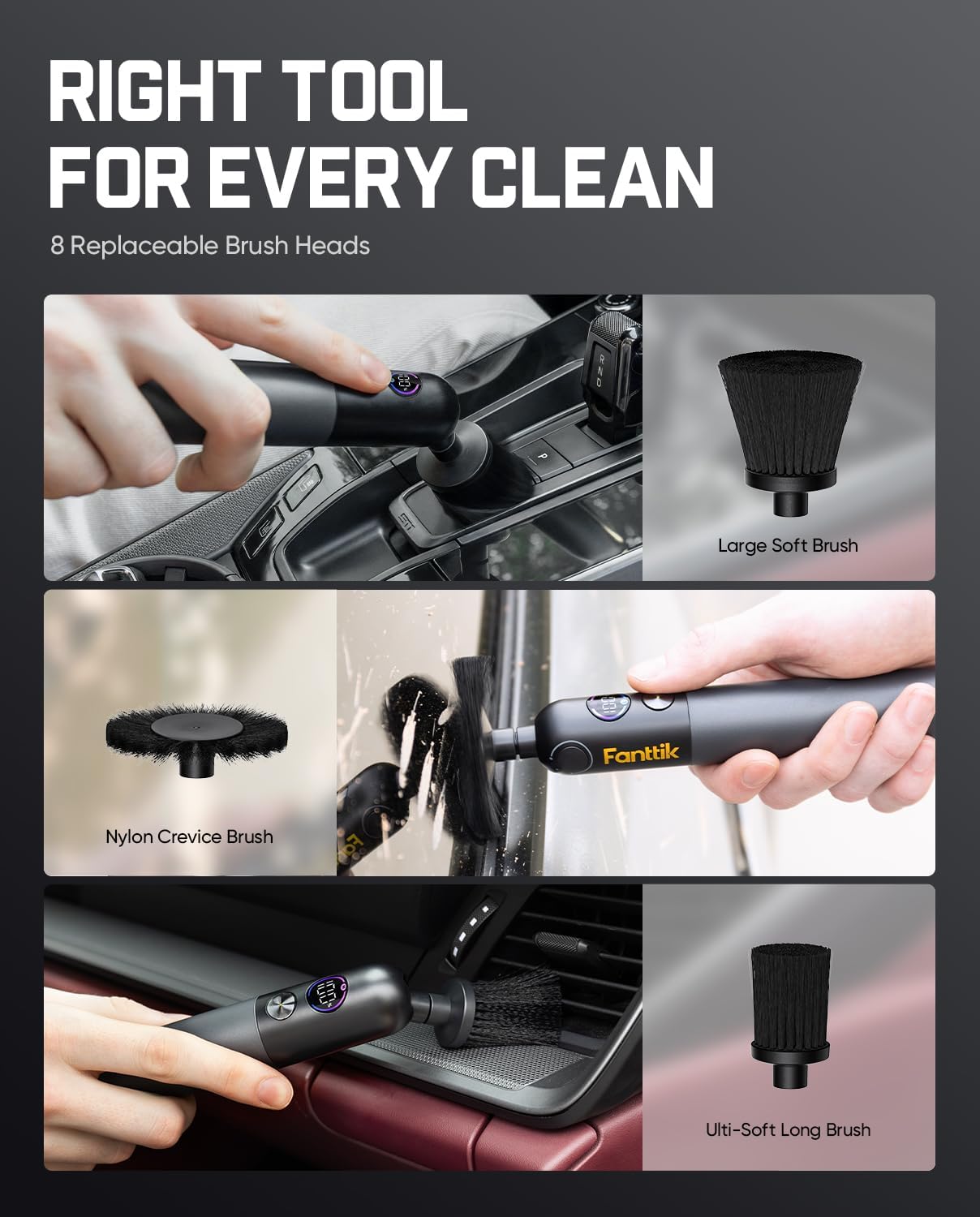 Flip G10 Nano AutoCare Cordless Electric Car Interior Detailing Brush, Dual-Speed with 8 Brush Heads, Adjustable