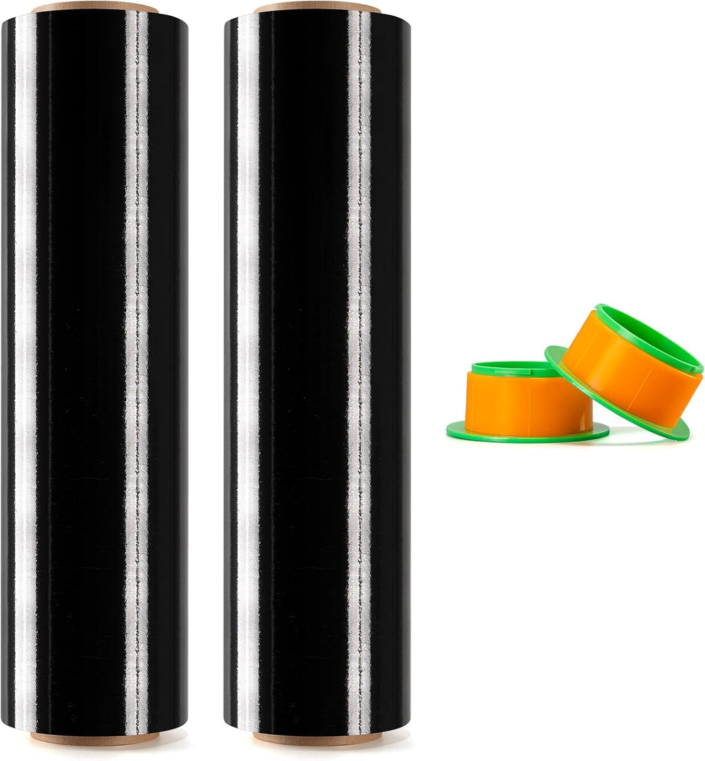 2 Rolls Black Stretch Wrap 18" x 1000FT x 80 Gauge Heavy Duty Film | Heavy Duty Black Stretch Wrap with Holder, 80