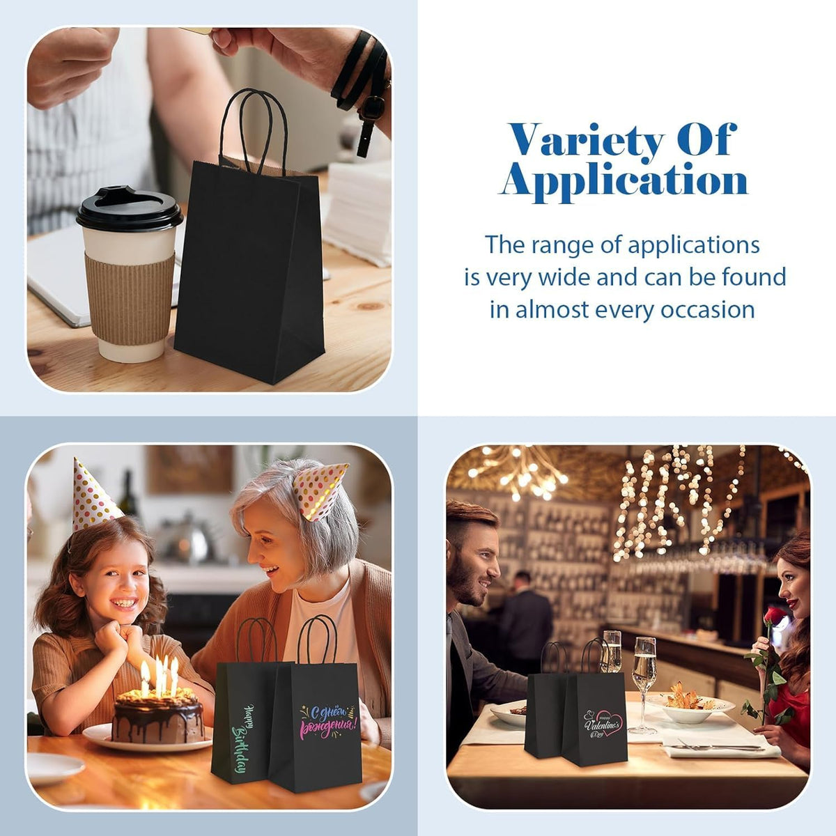 Small Black Paper Gift Bags with Handles, 5.25x3.75x8, 200 Pack Bulk