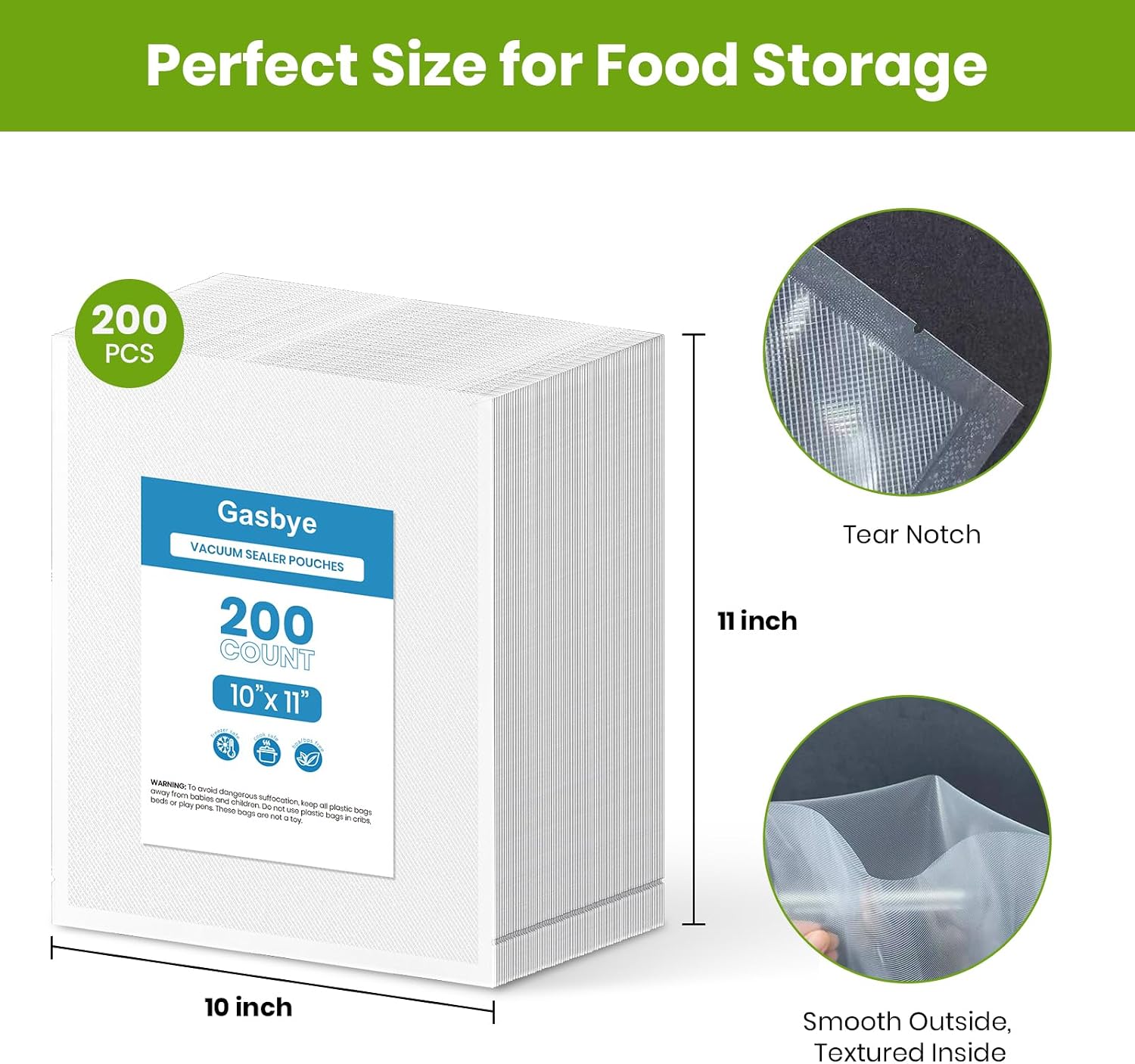 Vacuum Sealer Bags, 200 Quart 10" x11", BPA Free, Commercial Grade, Durable Textured Pre-Cut Size for Airtight Food