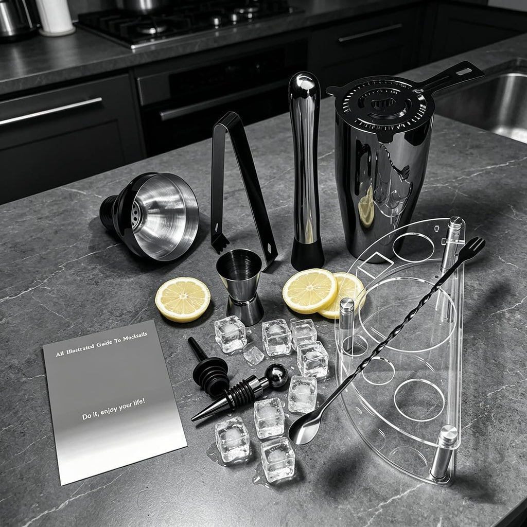 9-Piece Cocktail Shaker with Stand, 25oz Bartender Kit, Cocktail Shaker with Strainer Set, Bar Set Jigger for