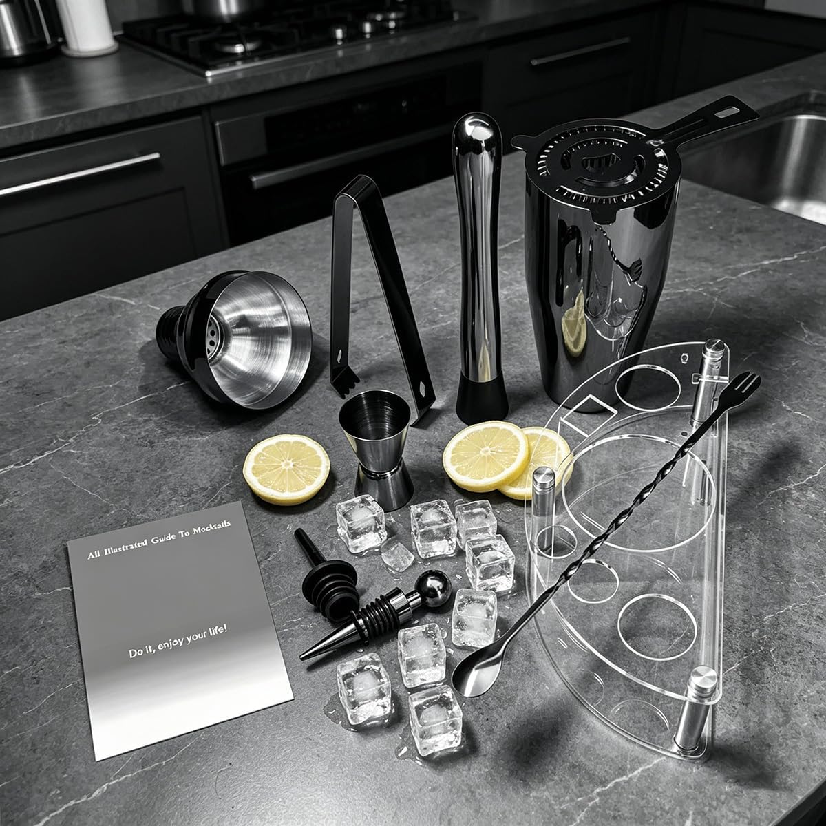 9-Piece Cocktail Shaker with Stand, 25oz Bartender Kit, Cocktail Shaker with Strainer Set, Bar Set Jigger for
