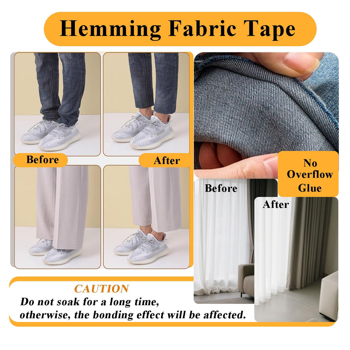 Hem Tape for Pants, Double-Sided Fabric Tape, No-Sew No-Iron, 1 in x 40 ft