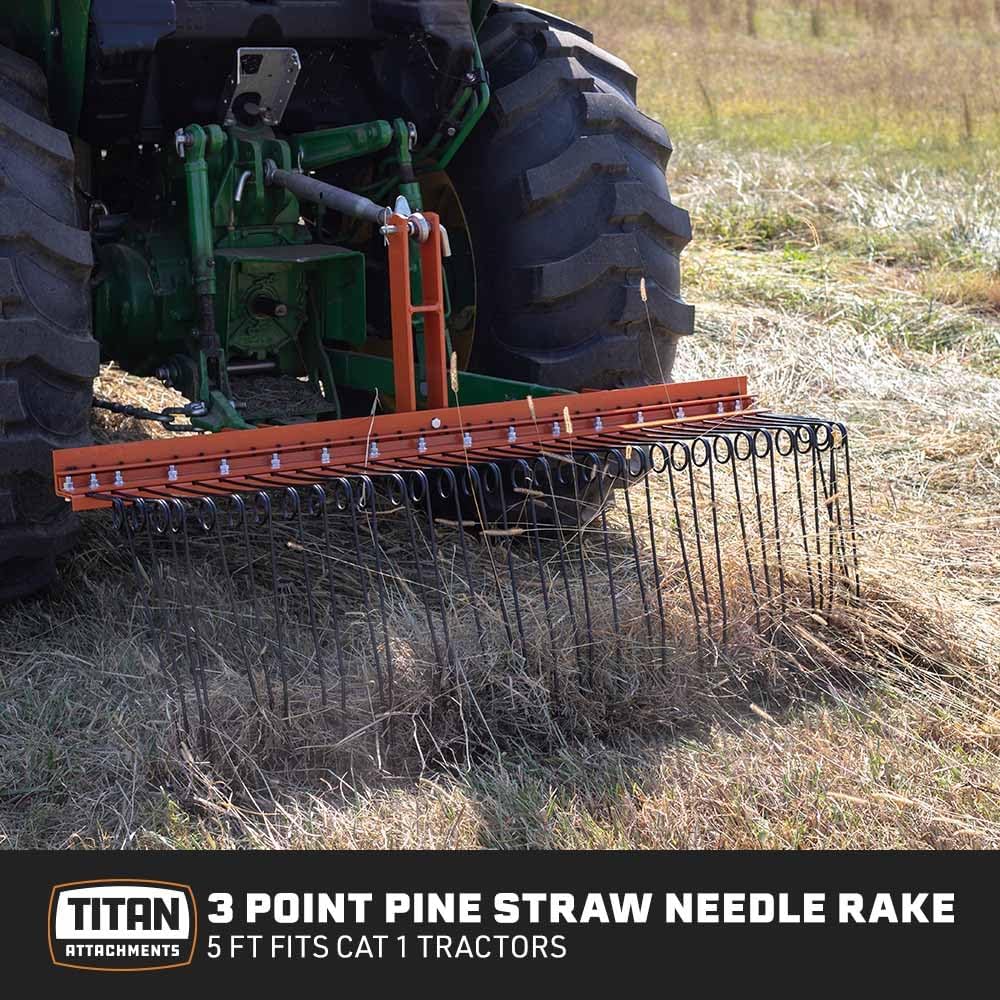 3 Point Pine Straw Needle Rake, 5 FT Landscape Rake for Cat 1 Tractors, Heat-Treated Coil Steel Spring Tines