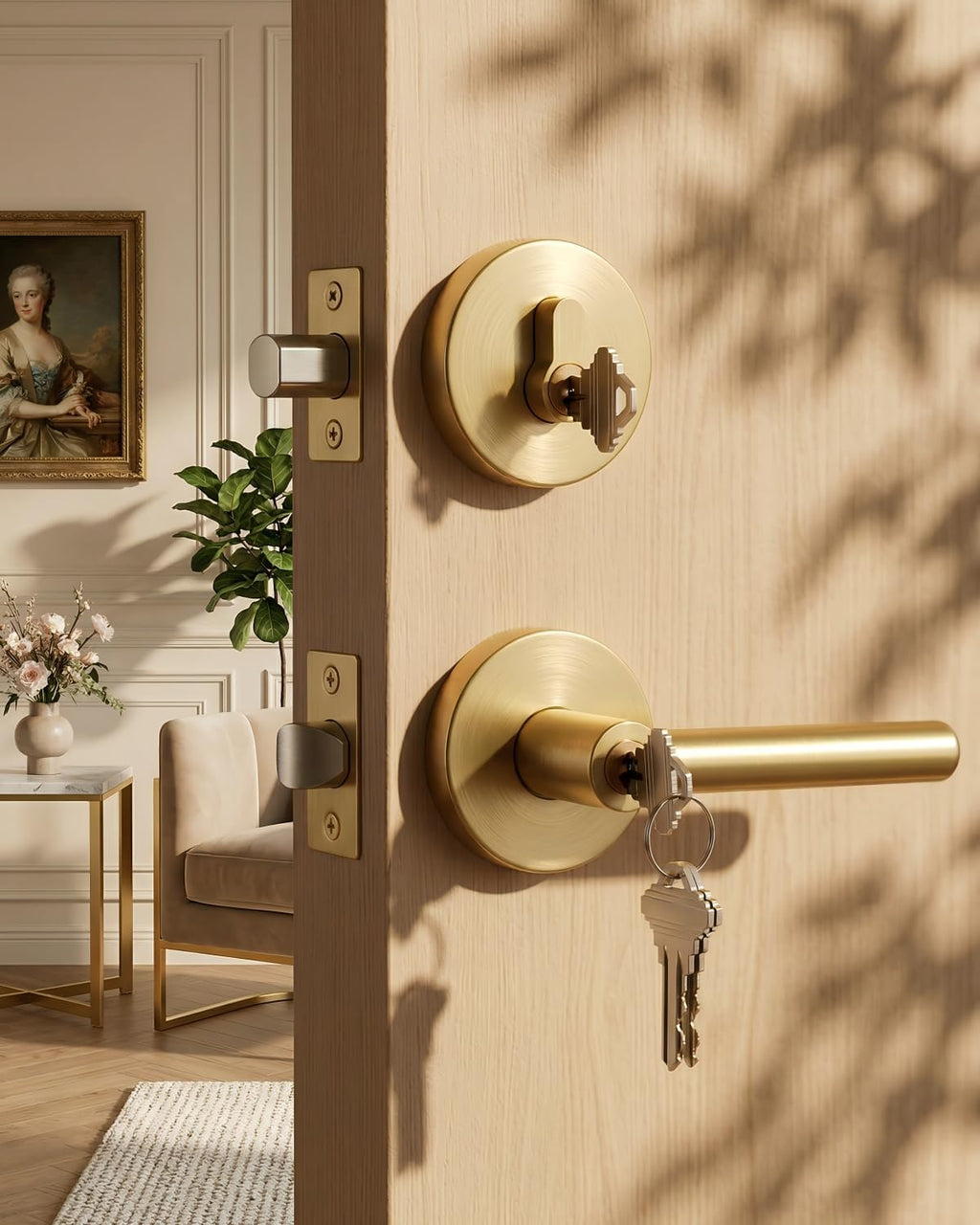 Exterior Deadbolt and Keyed Entry Door Handle Set, Heavy Duty Zinc Alloy Gold Door Lever, Key Entry Front Brushed