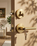 Exterior Deadbolt and Keyed Entry Door Handle Set, Heavy Duty Zinc Alloy Gold Door Lever, Key Entry Front Brushed