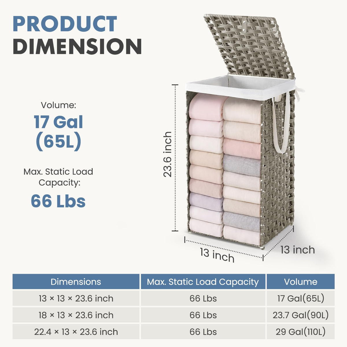 Laundry Basket with Lid, 65L Wicker Laundry Hampers, Dove Gray