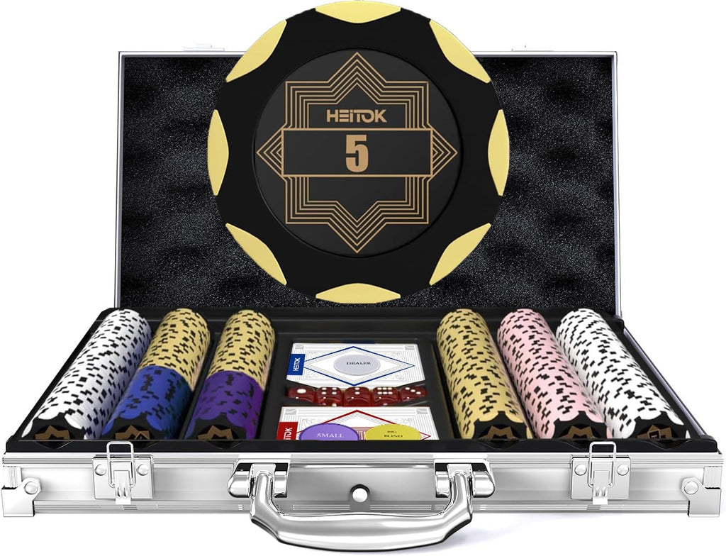 300-Piece Clay Poker Chip Set with Numbered 14g Chips Case | Complete poker chip set for 2 to 8 players with cards