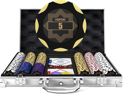 300-Piece Clay Poker Chip Set with Numbered 14g Chips Case | Complete poker chip set for 2 to 8 players with cards