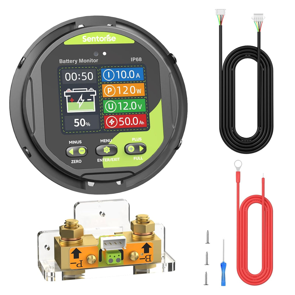 0-500A Battery Monitor with Shunt, 8-120V IP68 Waterproof LCD Screen with Buzzer Alarm for RV Solar Marine Off-Grid