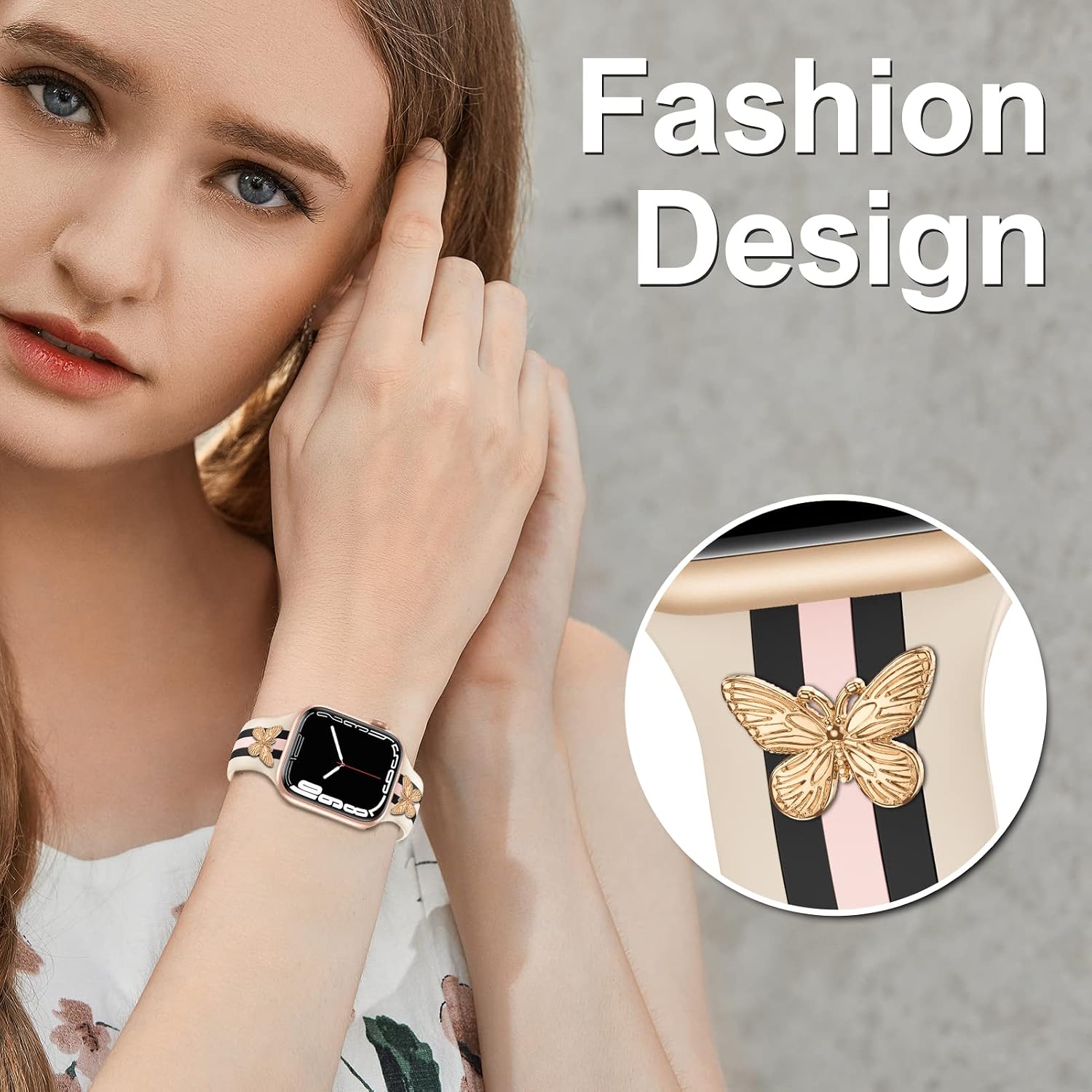 Designer Band with Charms Decor Compatible with Apple Watch Band Women Men | Stylish Silicone Sport Watch Bands for
