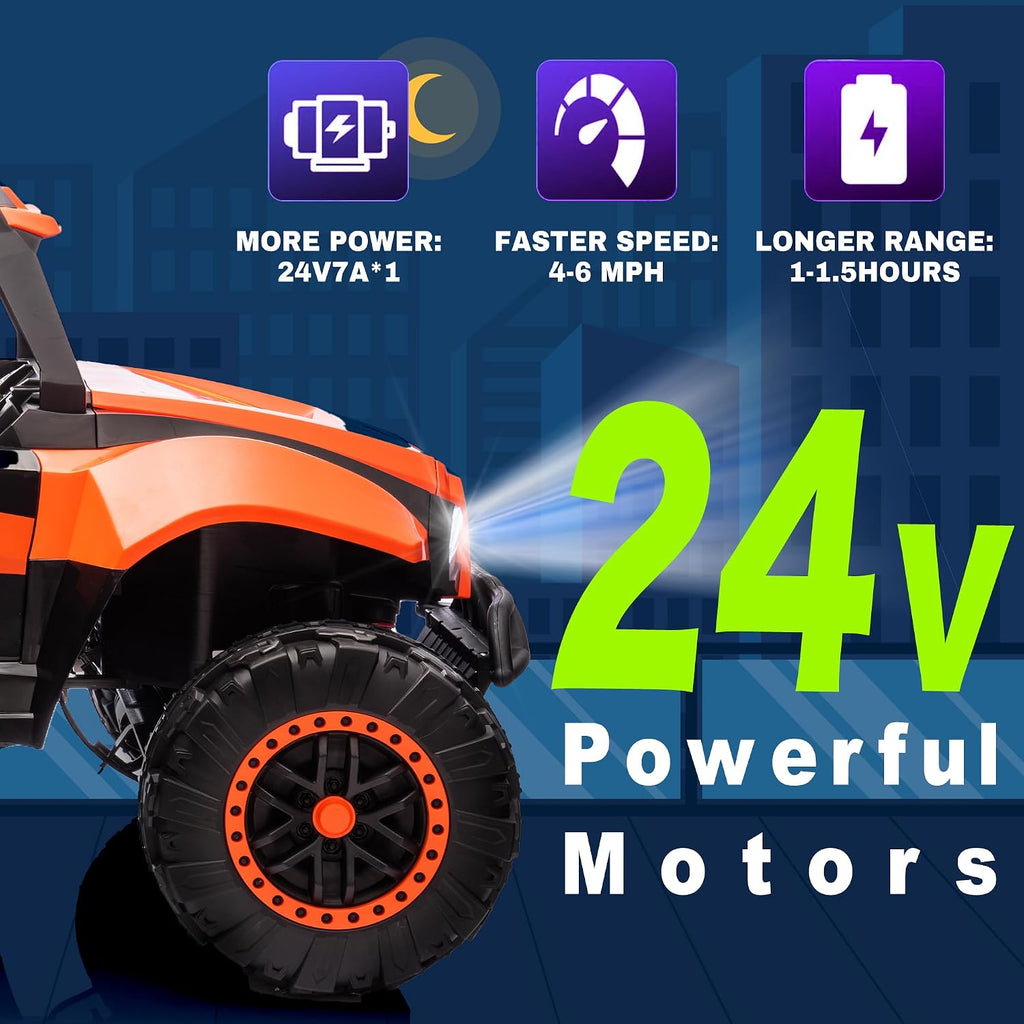 24V Ride on Car Toys for Big Kids, 4 Wheeler Electric Off-Road UTV Trucks with 2-Seater, LED Lights, Music and Remote