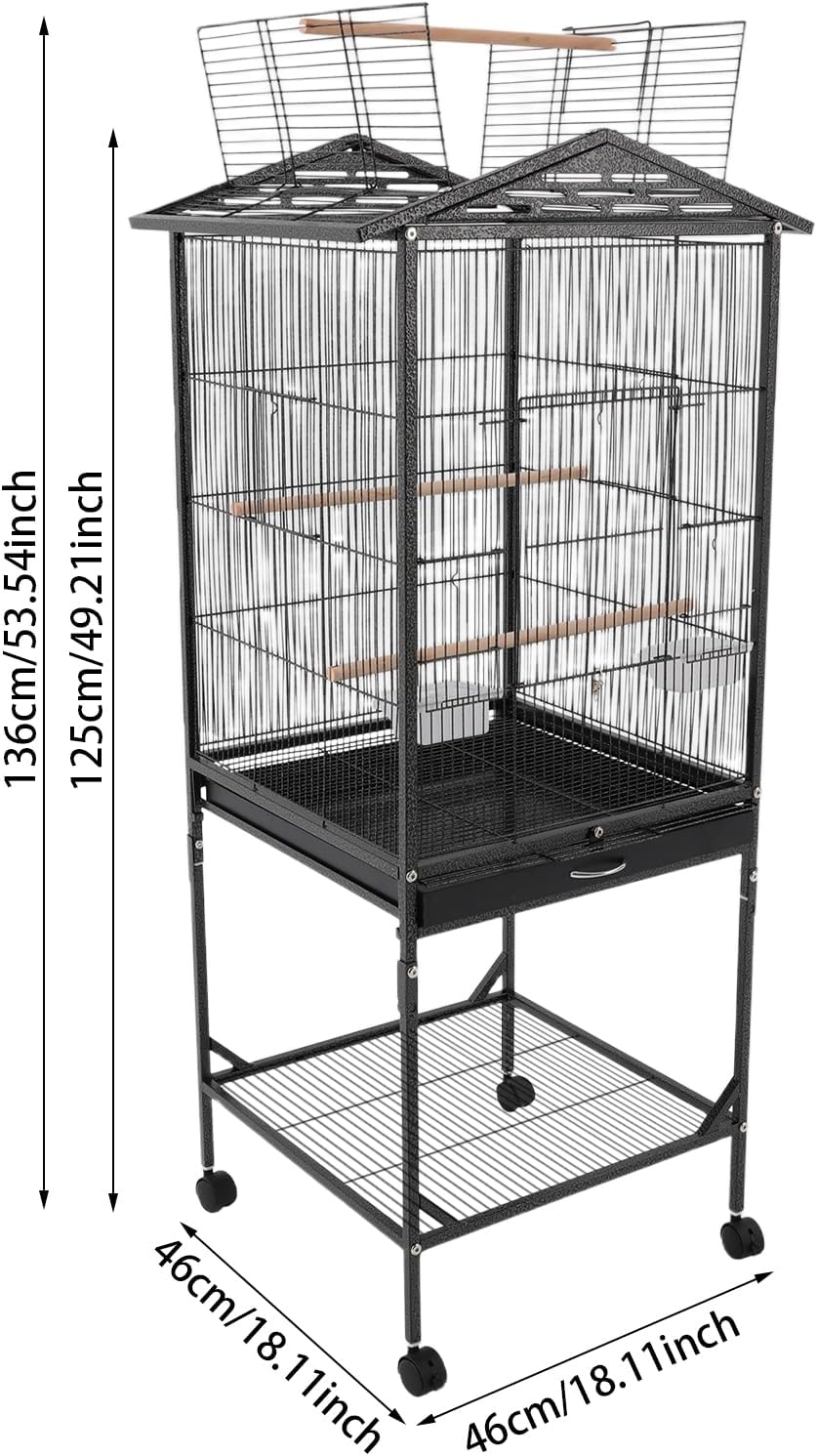 Large Heavy Duty Wrought Iron Bird Cage with Open Play Top Area & Rolling Stand, Spacious Flight Cage for Parrots