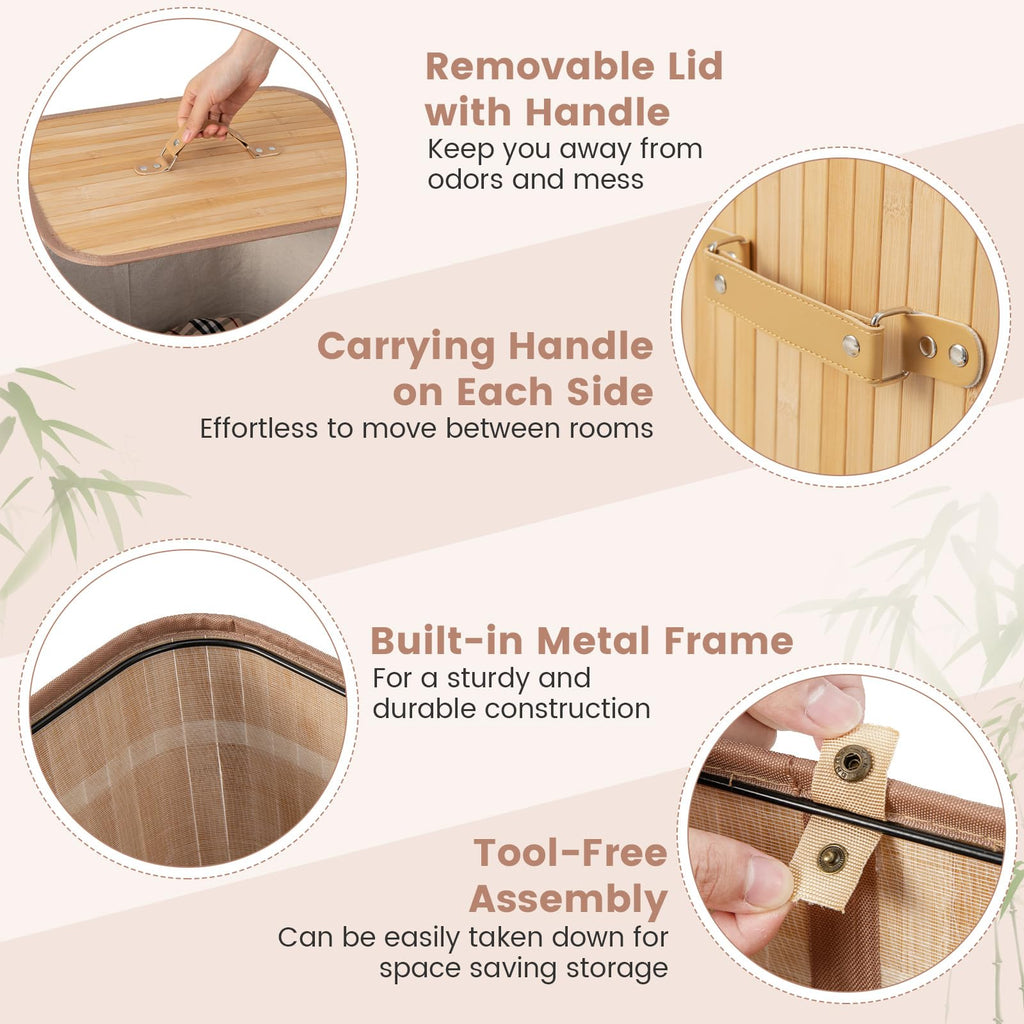 Bamboo Laundry Hamper with Lid Removable Liner & Handles