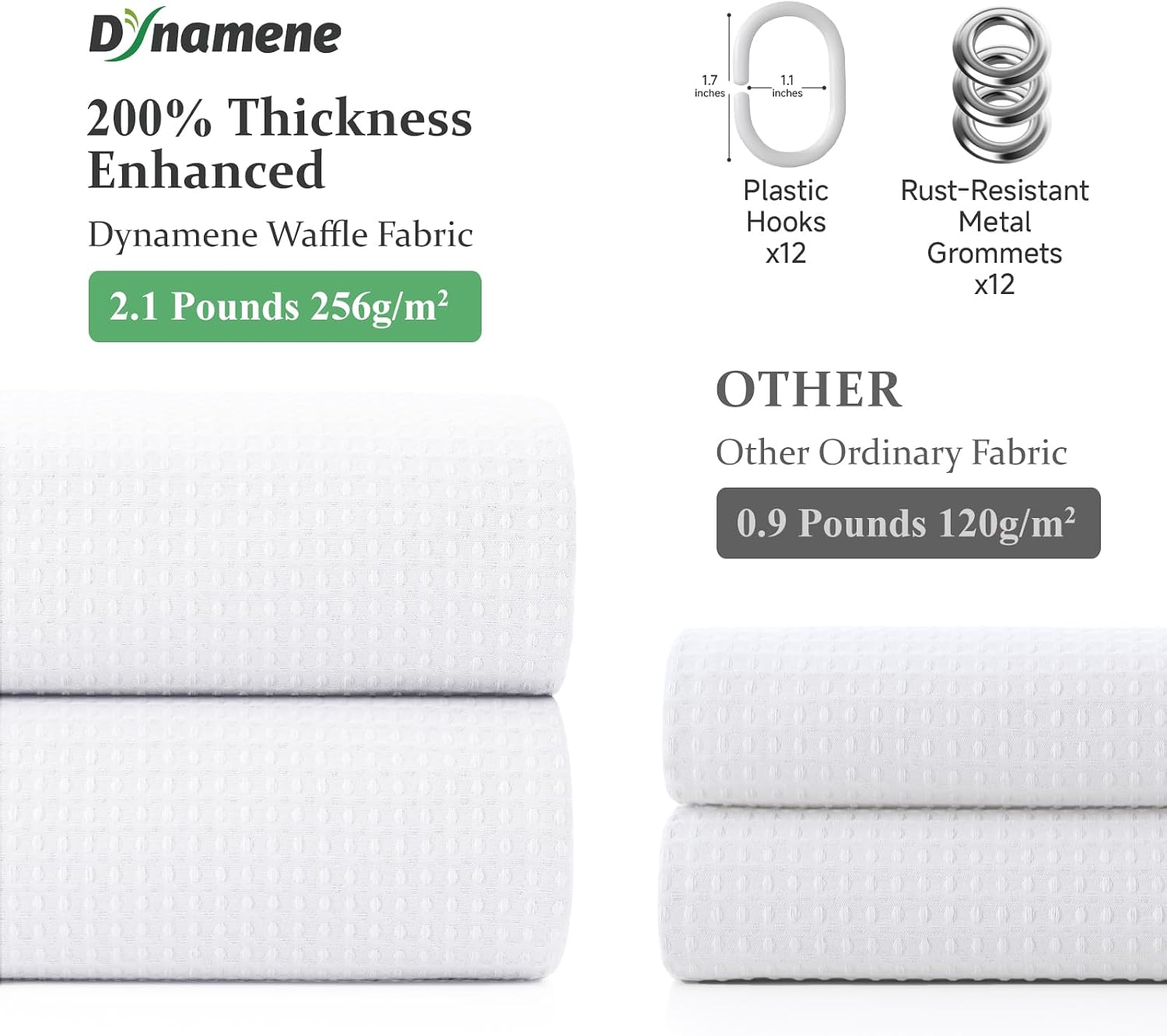 Waffle Shower Curtain 256 GSM Heavy Duty Fabric 72"x72" White | Thick Polyester Cloth, Weighted Hem, Water Repellent