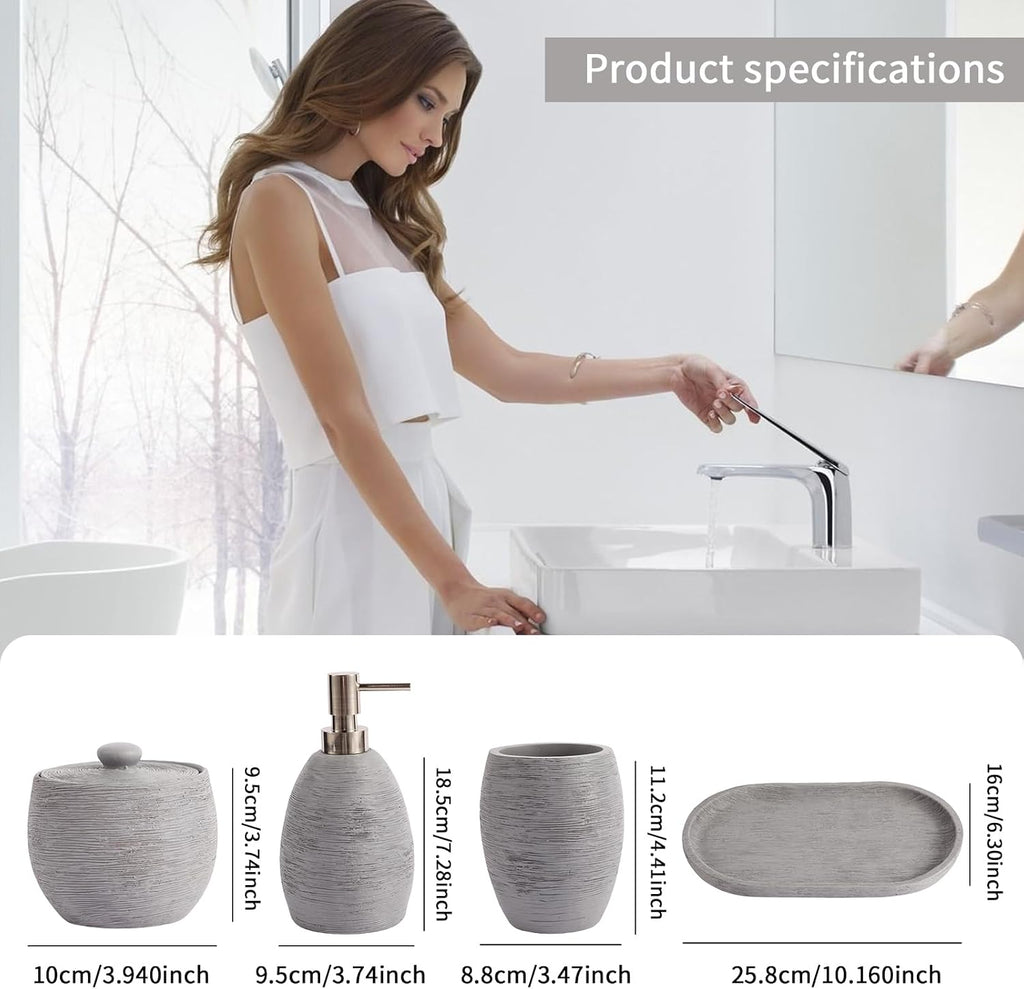 Modern Grey Bathroom Accessory Set,4 Pcs Luxury Bathroom Set | Resin Material,Includes Lotion Dispenser,Cotton Swab