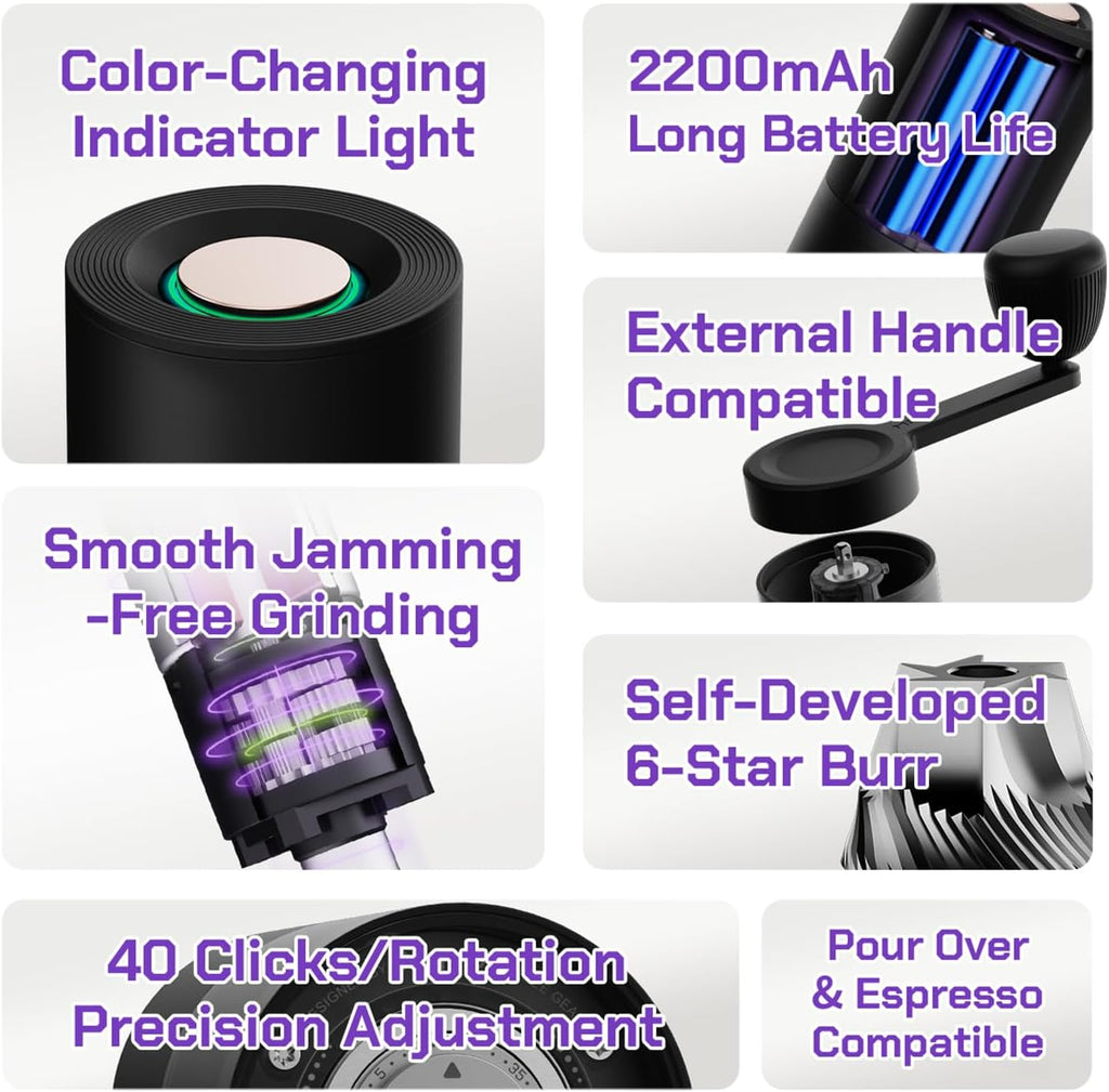 AURORA Portable Electric Coffee Grinder, Rechargeable Burr Coffee Grinder 140 Precise Settings for Espresso to French