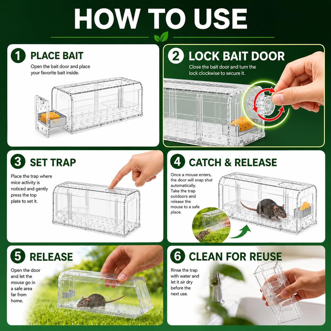 Humane Mouse Traps Indoor Outdoors for Home | Live Mouse Traps Catch and Release, No Kill Mice Traps, Reusable