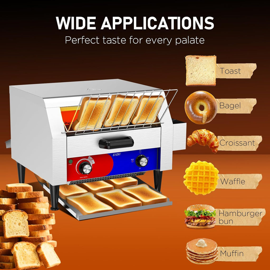 Commercial Conveyor Toaster w/ 3 Slice Wide Slot, 450 Slice/hour Commercial Toaster w/ 14.1’’ Wide and 3‘’ Opening